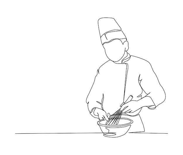 Continu lijntekening van chef-kok roeren in mengkom vectorillustratie chef-kok werken enkele lijn kunst hand getekende minimalisme stijl