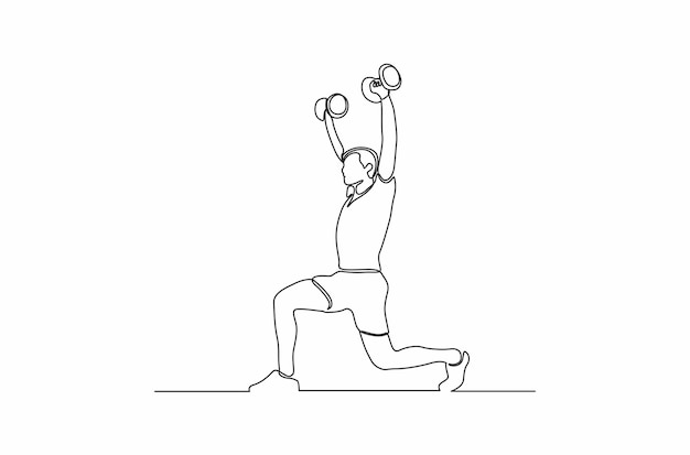 Continu lijntekening van een man tillen gewichten sportschool concept geïsoleerd op een witte achtergrond vector