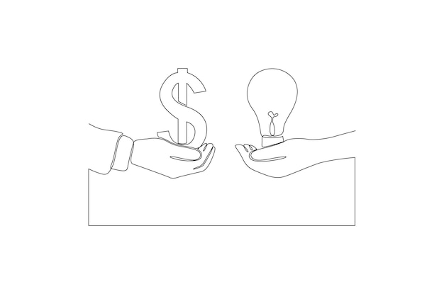 Continu lijntekening van een twee handen met een geldsymbool en lamp gratis vectorillustratie