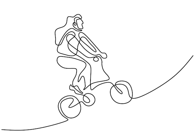 Continu lijntekening van gelukkige vrouw fietsen rit gevouwen fiets Jong energiek meisje fietsten op straat geïsoleerd op een witte achtergrond Gezonde levensstijl concept Vectorillustratie