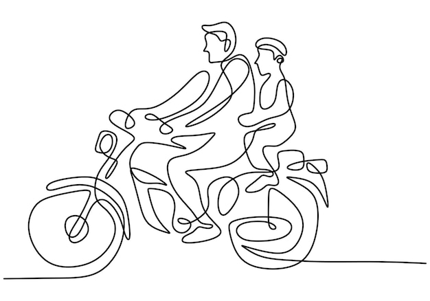 Continu lijntekening van jonge vader rijden op een motorfiets met zijn zoontje geïsoleerd op een witte achtergrond Vaderdag thema schets hand getrokken lijn kunst minimalistische stijl vectorillustratie