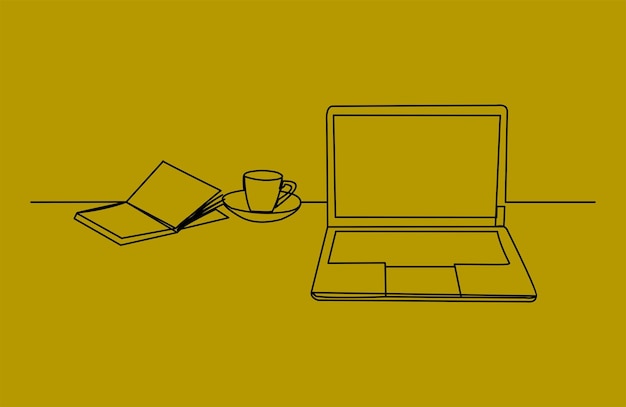 Continu lijntekening van stapel boek computer laptop en een kopje koffie vectorillustratie