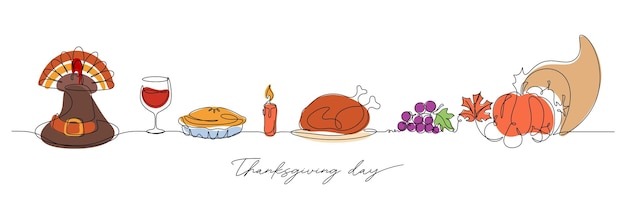 Continu lijntekening van Thanksgiving viering tabel vectorillustratie