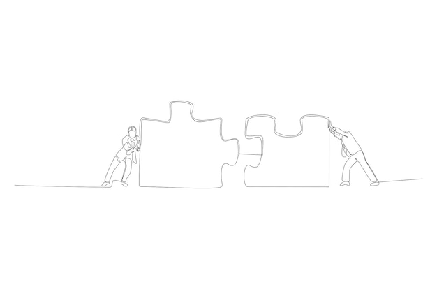 Continu lijntekening van zakenman combineren twee stukjes puzzel samenwerking concept illustratie