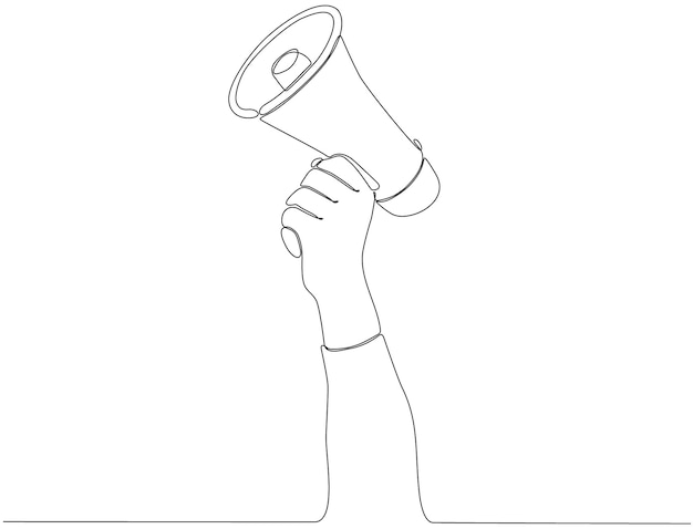 continue lijntekening van hand met megafoon op witte achtergrond vectorillustratie premium