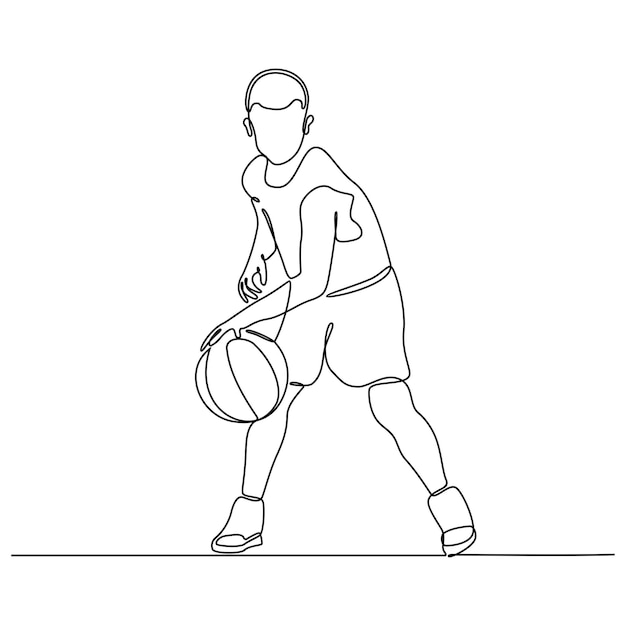 Continue lijntekening van jongen professionele basketbalspeler geïsoleerd met bal fitness concept