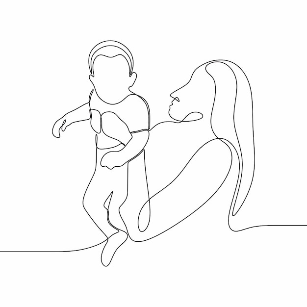 Continue tekening enkele lijn kunst illustratie jonge moeder met baby