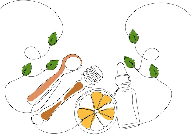 Continuous drawing of one line of bottles with oil or honey or lemon or lime juice for scrubbing and
