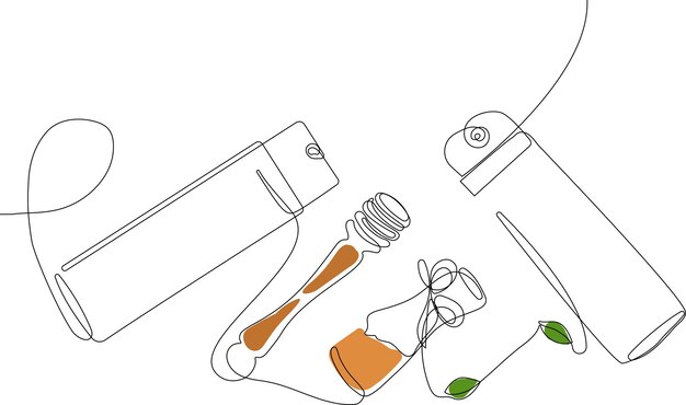 Continuous drawing of one line of bottles with oil or honey or lemon or lime juice for scrubbing and