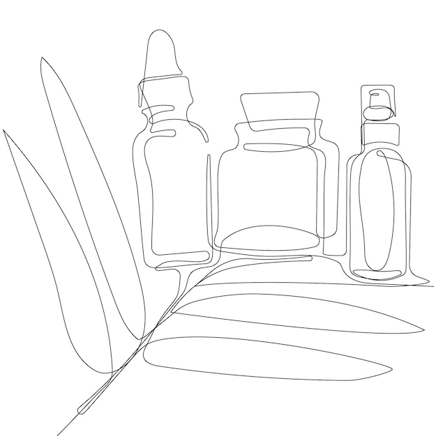 Continuous drawing of one line of bottles with oil or honey or lemon or lime juice for scrubbing