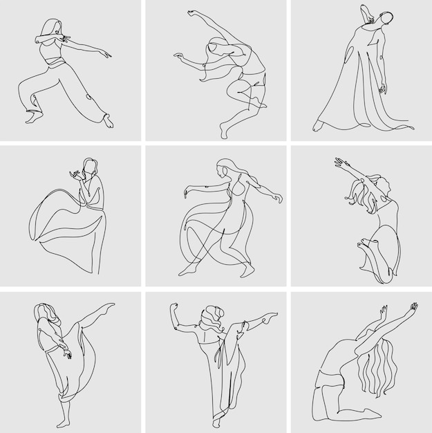 Vector continuous drawing in one line happy woman stretching vector illustration dancer dancing contempo