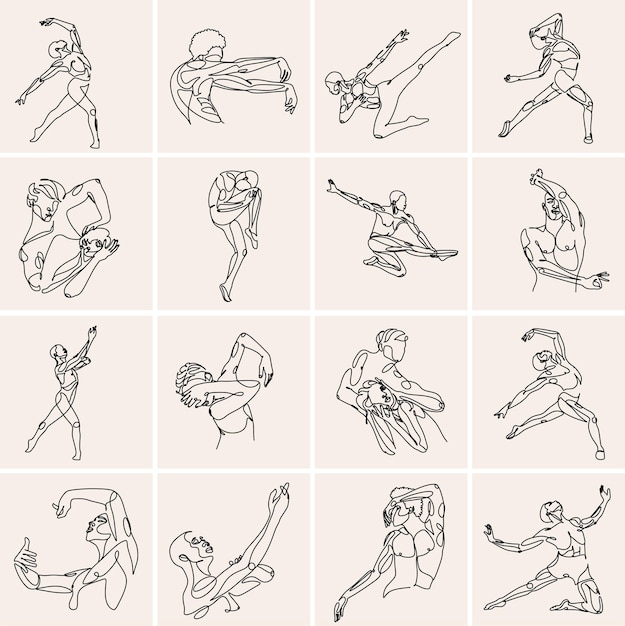 Vector continuous drawing in one line happy woman stretching vector illustration dancer dancing contempo