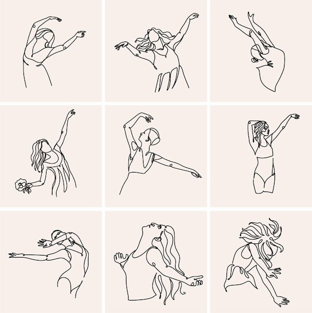 Vector continuous drawing in one line happy woman stretching vector illustration dancer dancing contempo