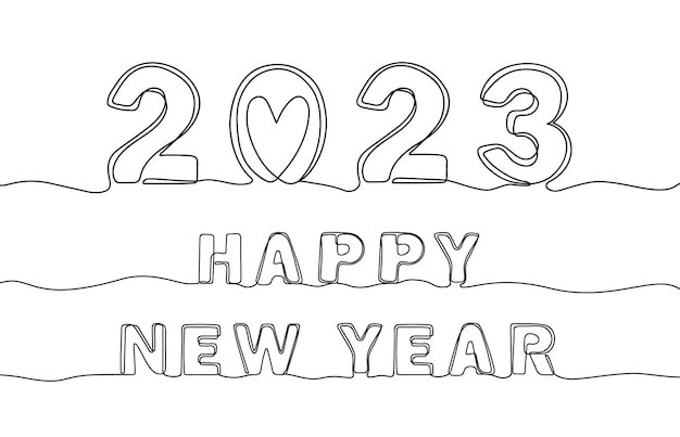 Continuous line 2023 holiday banner happy new year single one line lettering hand drawn calligraphy vector concept