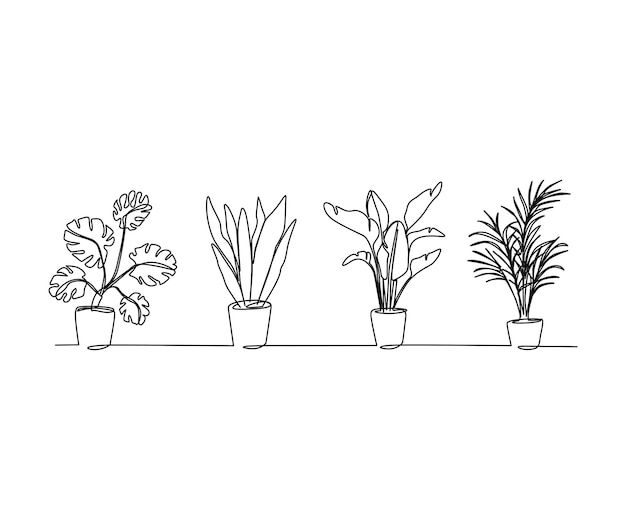 Continuous line art drawing of beautiful flowers in a pots Tropical flower set single line art drawing vector illustration