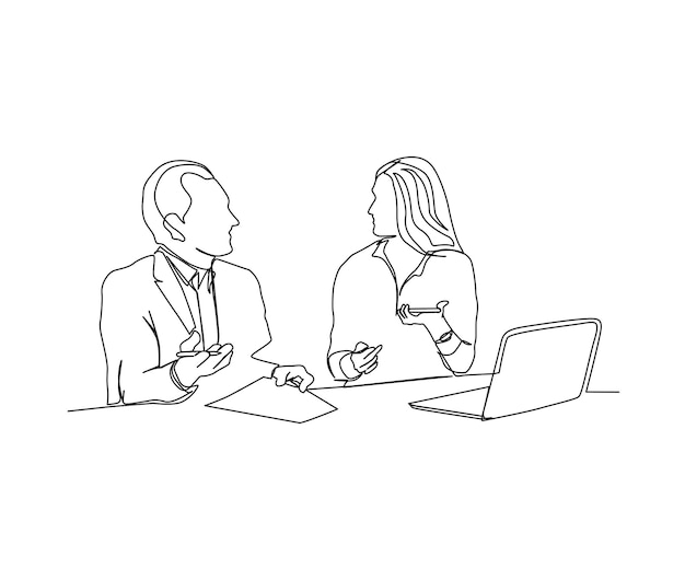 Continuous line art drawing of business man and business woman discussion at the table Business discussion single line art drawing vector illustration