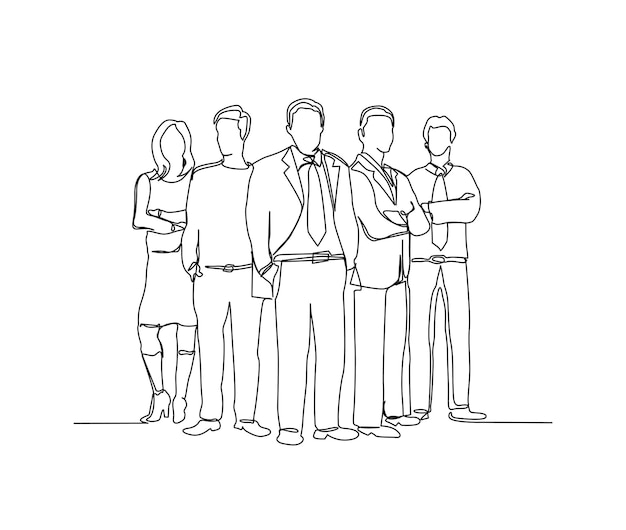 Непрерывный рисунок линии бизнесмена и бизнесвумен, стоящих вместе, деловых людей одной линии рисования векторной иллюстрации