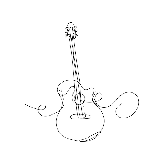 Continuous line art drawing of a guitar