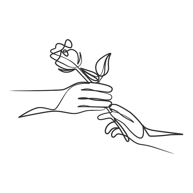 Continuous line art drawing of a hand holding flower. Hand holding flower one line art