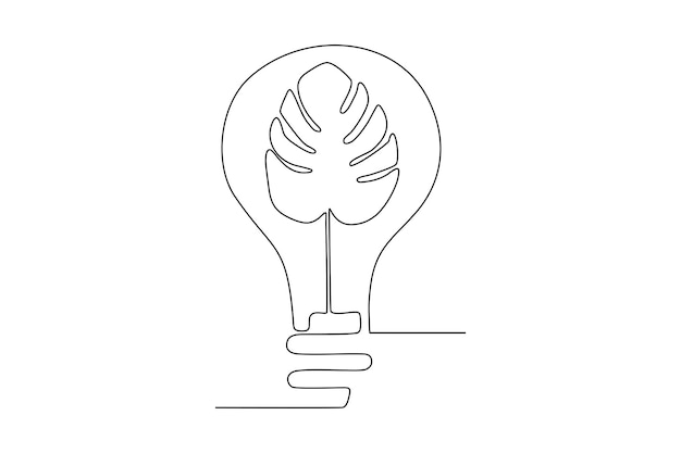 continuous line art drawing of light bulb and leaf