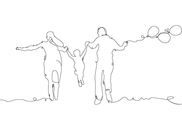 Continuous line art drawing mother father and child enjoy Family parenthood concept line art vector