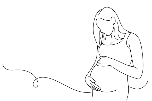 Continuous line art drawing of pregnant woman touching her belly Maternity Vector illustration