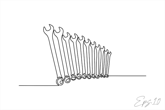 Continuous line art drawing of wrench set