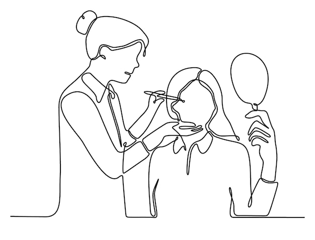 Vector continuous line art female beautician makes makeup of patient with mirror undergoing aesthetic tre