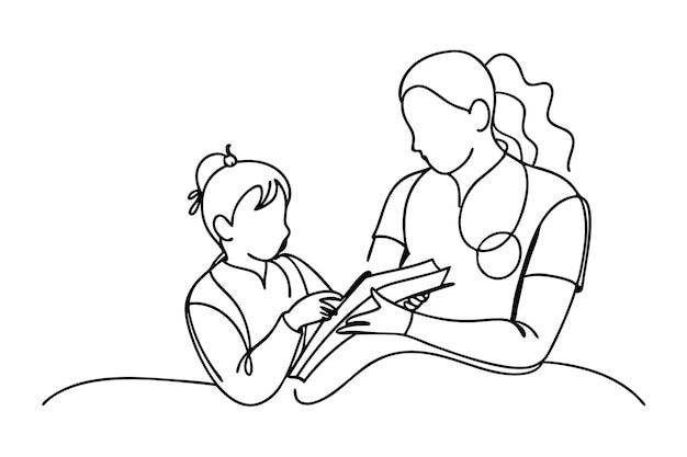 Continuous Line Art Mother Teaching Her Child in Black Linear Sketch isolated on white background