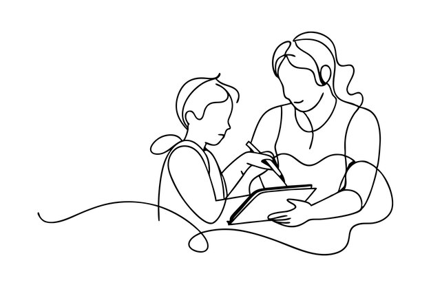 Continuous Line Art Mother Teaching Her Child in Black Linear Sketch isolated on white background