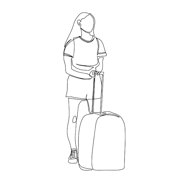 Continuous line art or one line drawing Girl with a suitcase Vector illustration