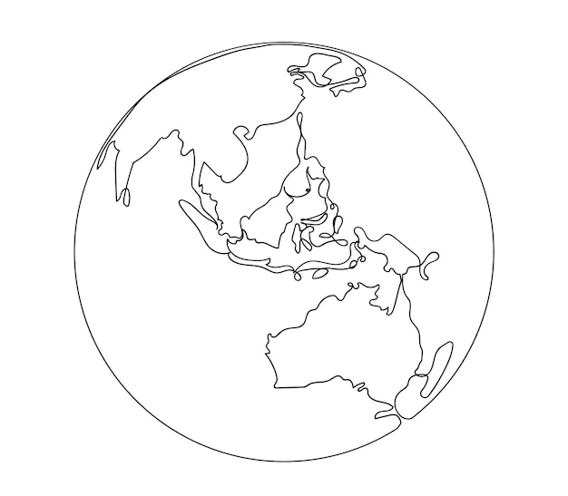 Continuous line art or one line drawing of global vector on white background Australia Asia