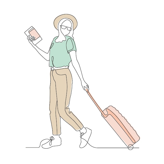 Continuous Line art or One Line Drawing of a Travel woman with a Suitcase.