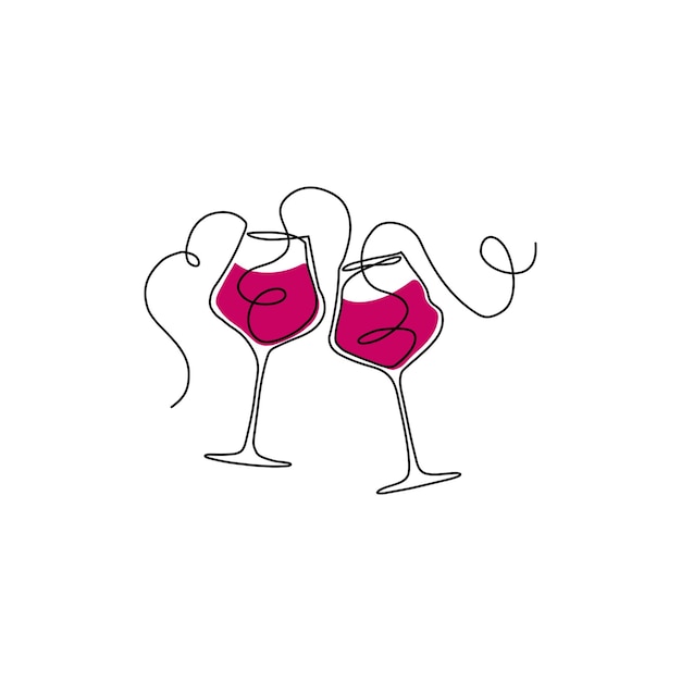 Continuous line art wine glasses on white background