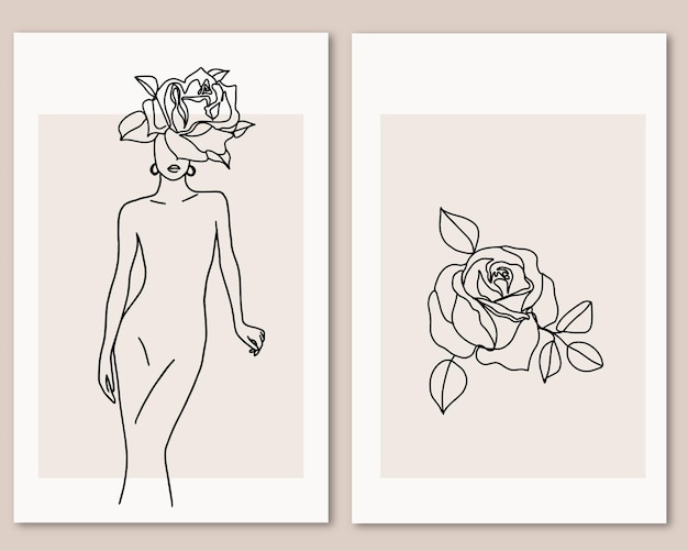 Continuous line art woman silhouette and outline rose blossom Abstract minimalist one line drawing