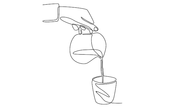 continuous line of barista making coffee, pouring milk or hot water into a cup