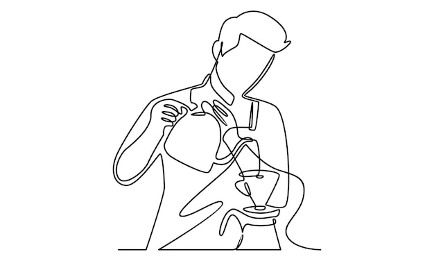 Continuous line of barista pouring milk to coffee illustration