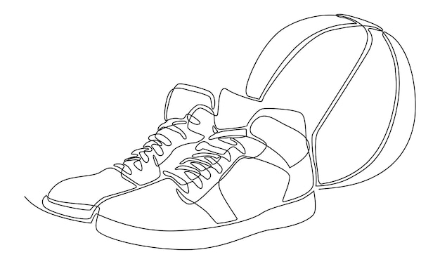 Vector continuous line of basketball shoes and basketball balls