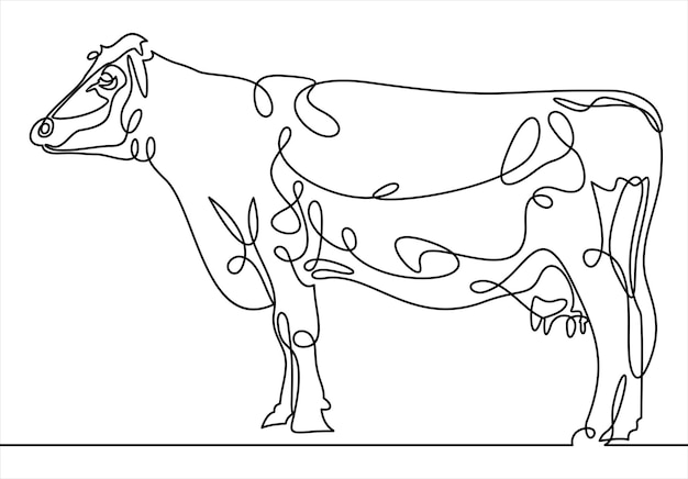 Linea continua una bella mucca è in piedi su sfondo bianco