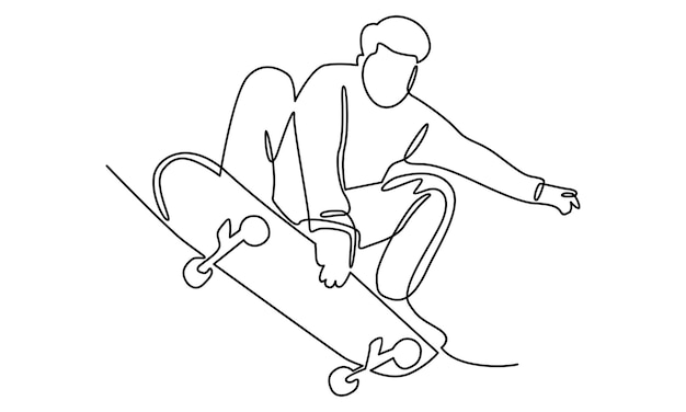 Vector continuous line of boy playing skateboard illustration