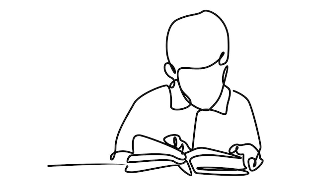 Continuous line of boy studying illustration