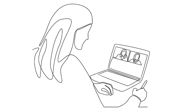 Continuous line of businesswoman doing video call
