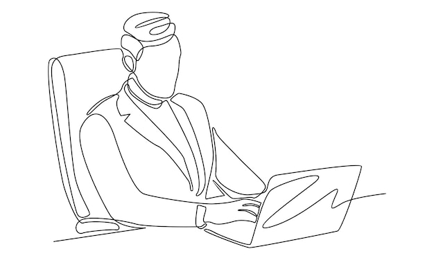 continuous line of busniessman sitting with laptop computer