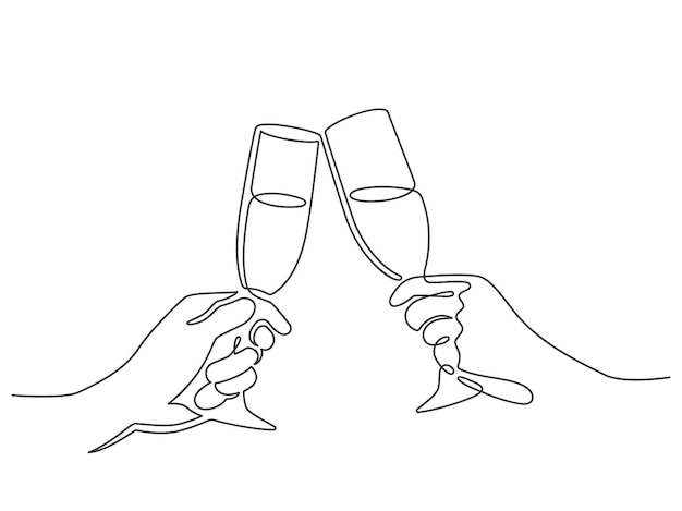 Continuous line champagne cheers. hands toasting with wine glasses with drinks. linear people celebrate christmas or birthday vector. illustration continuous drawing champagne, alcohol drink toast