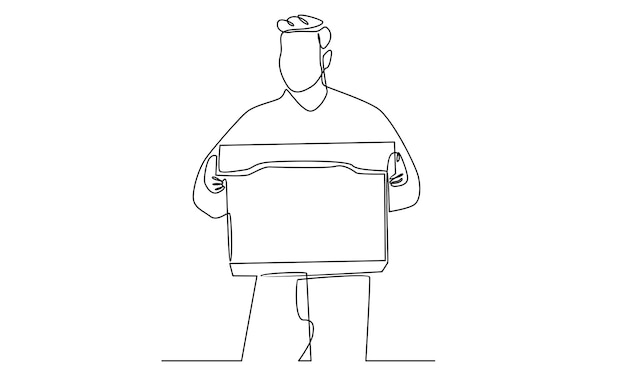 Continuous line of delivery man standing with carton box packages