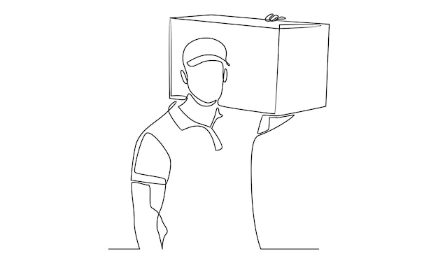 Continuous line of delivery man standing with carton box packages