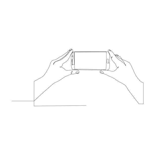 continuous line design of hand holding gadget to take photo