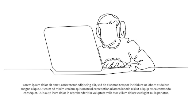 ノートパソコンで作業するヘッドセットを身に着けている男性の連続的なラインデザイン 白い背景に描かれた装飾要素