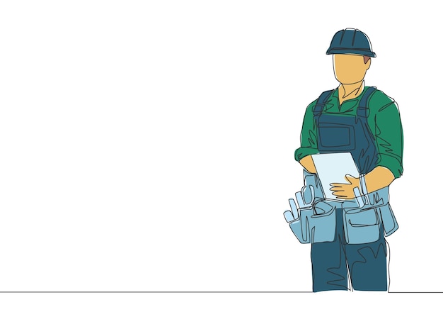 Непрерывный рисунок молодого рабочего в строительной форме с шлемом и поясом для инструментов