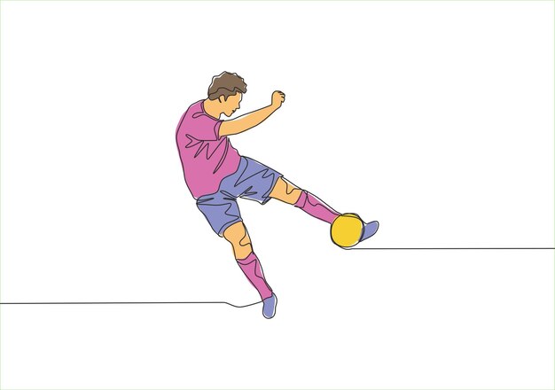 Vettore line draw continuo di un talentuoso giocatore di calcio che spara la palla con la tecnica del primo calcio